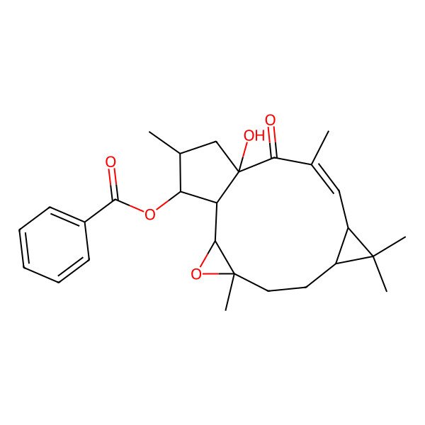 2D Structure of (+)-(12E,2S,3S,4R,5R,6R,9S,11S,15R)-3-benzoyloxy-5,6-epoxylathyr-12-en-15-ol-14-one