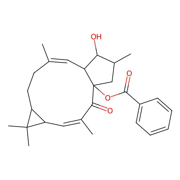 2D Structure of (-)-(5E,12E,2S,3S,4S,9S,11S,15R)-15-benzoyloxylathyra-5,12-dien-3-ol-14-one