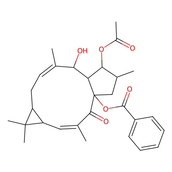 2D Structure of (-)-(6Z,12E,2S,3S,4R,5R,9S,11S,15R)-3-acetoxy-15-benzoyloxylathyra-6,12-dien-5-ol-14-one