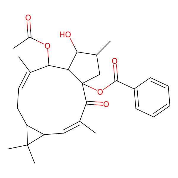 2D Structure of (-)-(6Z,12E,2S,3S,4R,5R,9S,11S,15R)-5-acetoxy-15-benzoyloxylathyra-6,12-dien-3-ol-14-one