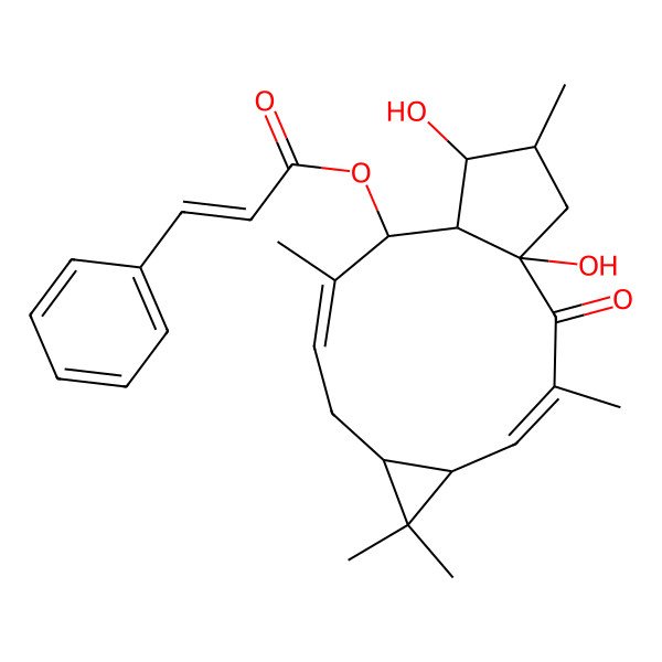 2D Structure of (-)-(6Z,12E,2S,3S,4R,5R,9S,11S,15R)-5-cinnamoyloxylathyra-6,12-diene-3,15-diol-14-one
