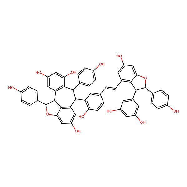 2D Structure of (1S,8S,9R,16S)-9-[5-[(Z)-2-[(2S,3S)-3-(3,5-dihydroxyphenyl)-6-hydroxy-2-(4-hydroxyphenyl)-2,3-dihydro-1-benzofuran-4-yl]ethenyl]-2-hydroxyphenyl]-8,16-bis(4-hydroxyphenyl)-15-oxatetracyclo[8.6.1.02,7.014,17]heptadeca-2(7),3,5,10(17),11,13-hexaene-4,6,12-triol