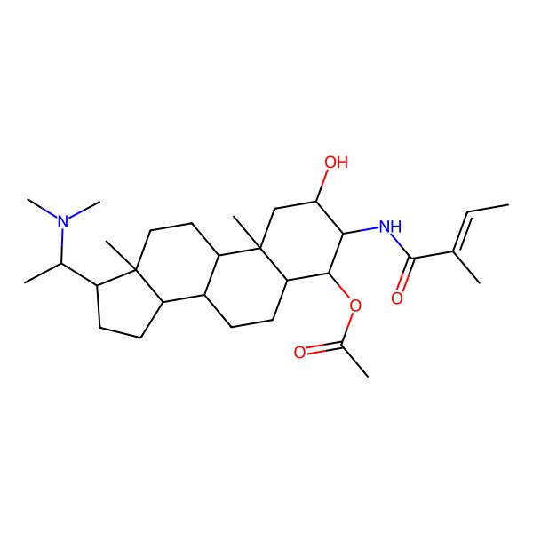 2D Structure of Acetic acid (2S,3S,4R,5R,8S,9S,10R,13S,14S,17S)-17-((S)-1-dimethylamino-ethyl)-2-hydroxy-10,13-dimethyl-3-((E)-2-methyl-but-2-enoylamino)-hexadecahydro-cyclopenta[a]phenanthren-4-yl ester