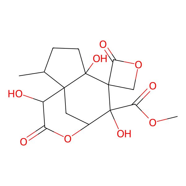 2D Structure of methyl (1S,2R,5R,6R,7R,8R,11R)-5,7,11-trihydroxy-2-methyl-2',10-dioxospiro[9-oxatricyclo[6.3.1.01,5]dodecane-6,3'-oxetane]-7-carboxylate