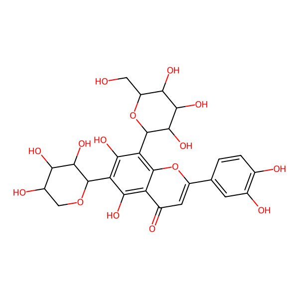 2D Structure of 2-(3,4-dihydroxyphenyl)-5,7-dihydroxy-8-[(2S,4R,5S)-3,4,5-trihydroxy-6-(hydroxymethyl)oxan-2-yl]-6-[(2S,4S,5S)-3,4,5-trihydroxyoxan-2-yl]chromen-4-one