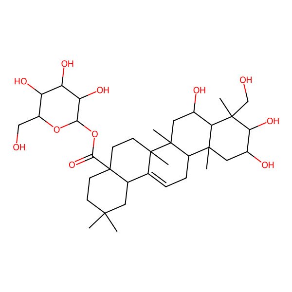2D Structure of [(2S,3R,4S,5S,6R)-3,4,5-trihydroxy-6-(hydroxymethyl)oxan-2-yl] (4aS,6aR,6aS,6bR,8R,8aR,9S,10R,11R,12aR,14bS)-8,10,11-trihydroxy-9-(hydroxymethyl)-2,2,6a,6b,9,12a-hexamethyl-1,3,4,5,6,6a,7,8,8a,10,11,12,13,14b-tetradecahydropicene-4a-carboxylate