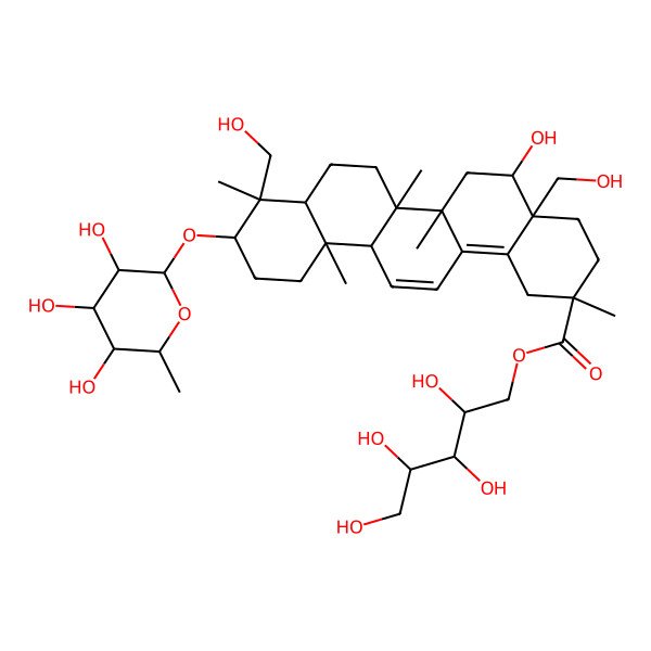2D Structure of 2,3,4,5-tetrahydroxypentyl (2S,4aS,5R,6aS,6bR,9R,10S,12aS)-5-hydroxy-4a,9-bis(hydroxymethyl)-2,6a,6b,9,12a-pentamethyl-10-[(2R,3R,4R,5S,6S)-3,4,5-trihydroxy-6-methyloxan-2-yl]oxy-1,3,4,5,6,6a,7,8,8a,10,11,12-dodecahydropicene-2-carboxylate