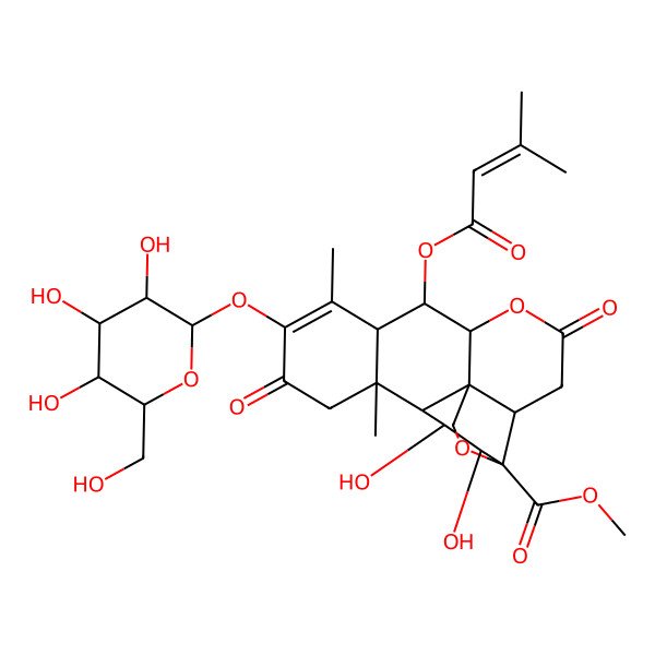 2D Structure of Methyl (1R,2R,6S,7R,8R,13R,14R,15R,16S,17S)-15,16-dihydroxy-9,13-dimethyl-7-(3-methylbut-2-enoyloxy)-4,11-dioxo-10-[(2S,3R,4S,5S,6R)-3,4,5-trihydroxy-6-(hydroxymethyl)oxan-2-yl]oxy-5,18-dioxapentacyclo[12.5.0.01,6.02,17.08,13]nonadec-9-ene-17-carboxylate
