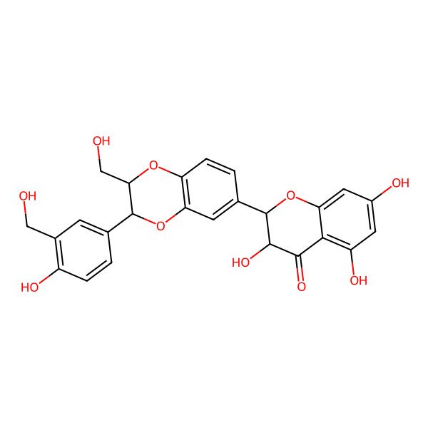 2D Structure of (2R,3R)-3,5,7-trihydroxy-2-[(2R,3R)-3-[4-hydroxy-3-(hydroxymethyl)phenyl]-2-(hydroxymethyl)-2,3-dihydro-1,4-benzodioxin-6-yl]-2,3-dihydrochromen-4-one