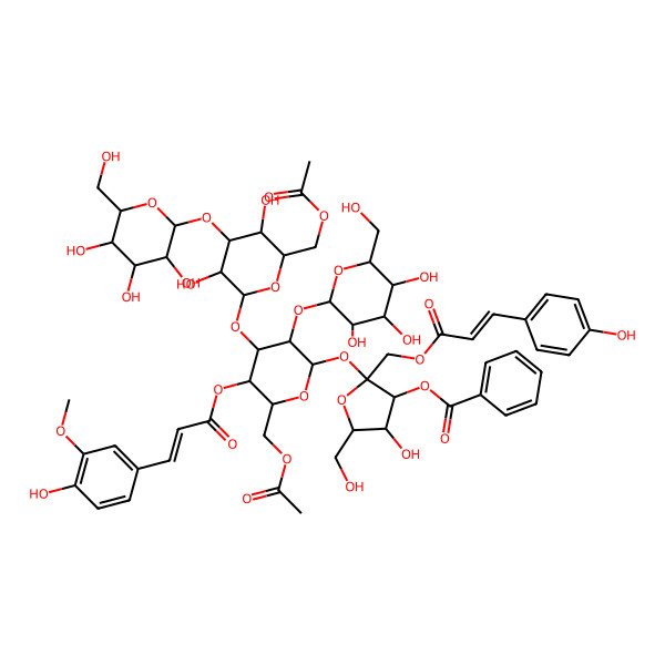2D Structure of [(2S,3S,4R,5R)-2-[(2R,3R,4S,5R,6R)-6-(acetyloxymethyl)-4-[(2R,3R,4S,5R,6R)-6-(acetyloxymethyl)-3,5-dihydroxy-4-[(2R,3R,4S,5S,6R)-3,4,5-trihydroxy-6-(hydroxymethyl)oxan-2-yl]oxyoxan-2-yl]oxy-5-[(E)-3-(4-hydroxy-3-methoxyphenyl)prop-2-enoyl]oxy-3-[(2S,3R,4S,5S,6R)-3,4,5-trihydroxy-6-(hydroxymethyl)oxan-2-yl]oxyoxan-2-yl]oxy-4-hydroxy-5-(hydroxymethyl)-2-[[(E)-3-(4-hydroxyphenyl)prop-2-enoyl]oxymethyl]oxolan-3-yl] benzoate