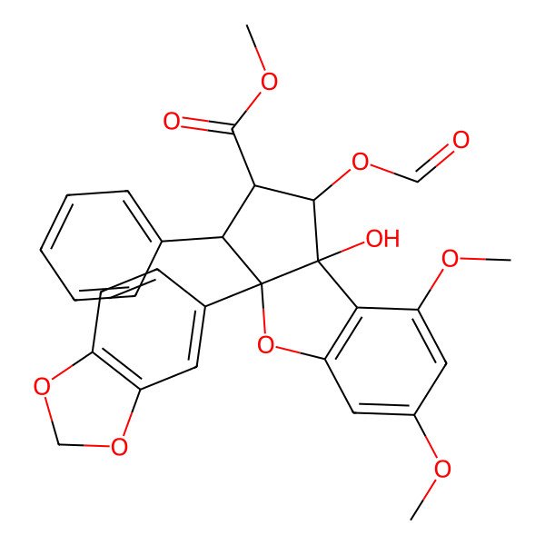 2D Structure of (1R)-1alpha-(Formyloxy)-3beta-phenyl-3abeta-(1,3-benzodioxol-5-yl)-6,8-dimethoxy-8bbeta-hydroxy-2,3,3a,8b-tetrahydro-1H-cyclopenta[b]benzofuran-2alpha-carboxylic acid methyl ester
