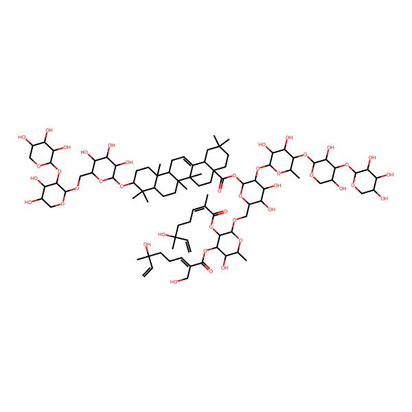 2D Structure of [(2S,3R,4S,5S,6R)-3-[(2S,3R,4S,5R,6S)-5-[(2S,3R,4S,5R)-3,5-dihydroxy-4-[(2S,3R,4S,5R)-3,4,5-trihydroxyoxan-2-yl]oxyoxan-2-yl]oxy-3,4-dihydroxy-6-methyloxan-2-yl]oxy-4,5-dihydroxy-6-[[(2R,3R,4R,5S,6S)-5-hydroxy-3-[(2E,6S)-6-hydroxy-2,6-dimethylocta-2,7-dienoyl]oxy-4-[(2E)-6-hydroxy-2-(hydroxymethyl)-6-methylocta-2,7-dienoyl]oxy-6-methyloxan-2-yl]oxymethyl]oxan-2-yl] (4aS,6aR,6aS,6bR,8aR,10S,12aR,14bS)-10-[(2R,3R,4S,5S,6R)-6-[[(2S,3R,4S,5S)-4,5-dihydroxy-3-[(2S,3R,4S,5R)-3,4,5-trihydroxyoxan-2-yl]oxyoxan-2-yl]oxymethyl]-3,4,5-trihydroxyoxan-2-yl]oxy-2,2,6a,6b,9,9,12a-heptamethyl-1,3,4,5,6,6a,7,8,8a,10,11,12,13,14b-tetradecahydropicene-4a-carboxylate