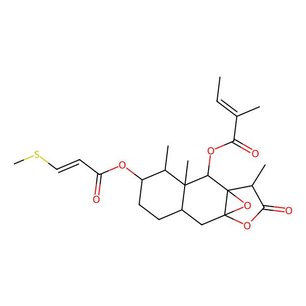 2D Structure of 2-Butenoic acid, 2-methyl-, (3S,3aS,4S,4aS,5R,6S,8aR,9aS)-decahydro-3,4a,5-trimethyl-6-[[(2Z)-3-(methylthio)-1-oxo-2-propenyl]oxy]-1-oxo-3a,9a-epoxynaphtho[2,3-b]furan-4-yl ester, (2Z)-