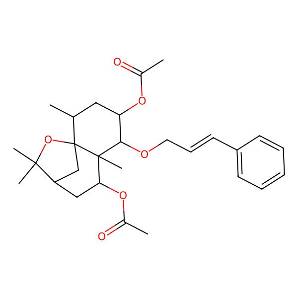 2D Structure of [(1S,2R,4S,5R,6R,7S,9R)-7-acetyloxy-2,6,10,10-tetramethyl-5-[(E)-3-phenylprop-2-enoxy]-11-oxatricyclo[7.2.1.01,6]dodecan-4-yl] acetate