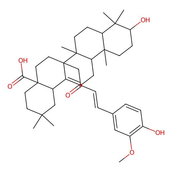2D Structure of (4aS,6aR,6bR,8aR,10S,12aR,12bR,14bS,E)-10-hydroxy-6a-(4-(4-hydroxy-3-methoxyphenyl)-2-oxobut-3-enyl)-2,2,6b,9,9,12a-hexamethyl-1,2,3,4,4a,5,6,6a,6b,7,8,8a,9,10,11,12,12a,12b,13,14b-icosahydropicene-4a-carboxylic acid