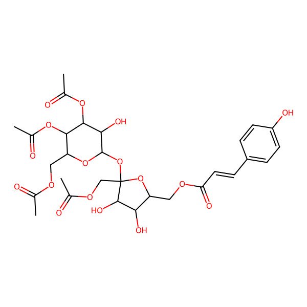 2D Structure of [(2R,3S,4S,5S)-5-(acetyloxymethyl)-5-[(2R,3R,4R,5R,6R)-4,5-diacetyloxy-6-(acetyloxymethyl)-3-hydroxyoxan-2-yl]oxy-3,4-dihydroxyoxolan-2-yl]methyl (E)-3-(4-hydroxyphenyl)prop-2-enoate