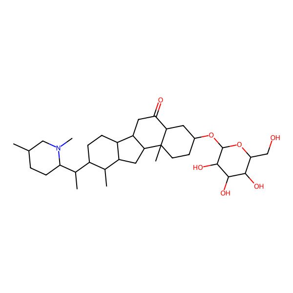 2D Structure of 9-[1-(1,5-dimethylpiperidin-2-yl)ethyl]-10,11b-dimethyl-3-[(2R,3R,4S,5S,6R)-3,4,5-trihydroxy-6-(hydroxymethyl)oxan-2-yl]oxy-2,3,4,4a,6,6a,6b,7,8,9,10,10a,11,11a-tetradecahydro-1H-benzo[a]fluoren-5-one
