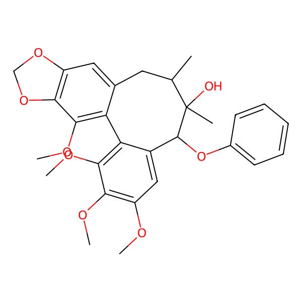 2D Structure of (9R)-3,4,5,19-tetramethoxy-9,10-dimethyl-8-phenoxy-15,17-dioxatetracyclo[10.7.0.02,7.014,18]nonadeca-1(19),2,4,6,12,14(18)-hexaen-9-ol