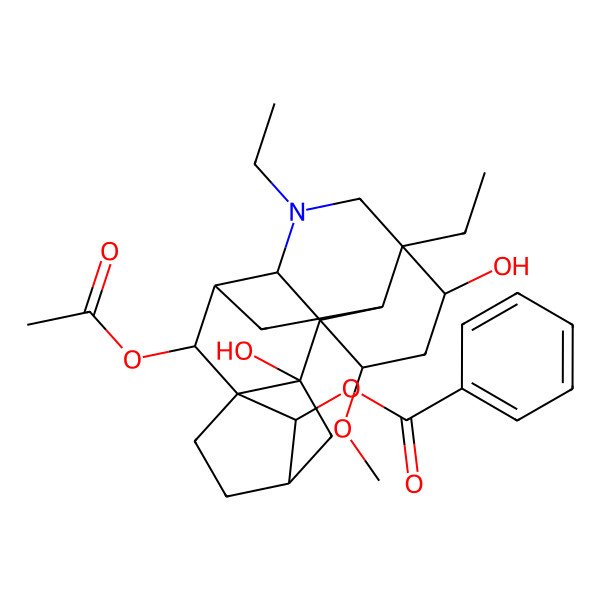 2D Structure of [(2R,4S,8S,9R,10R,13R,17R)-8-acetyloxy-11,13-diethyl-2,14-dihydroxy-16-methoxy-11-azahexacyclo[7.7.2.14,7.01,10.02,7.013,17]nonadecan-19-yl] benzoate