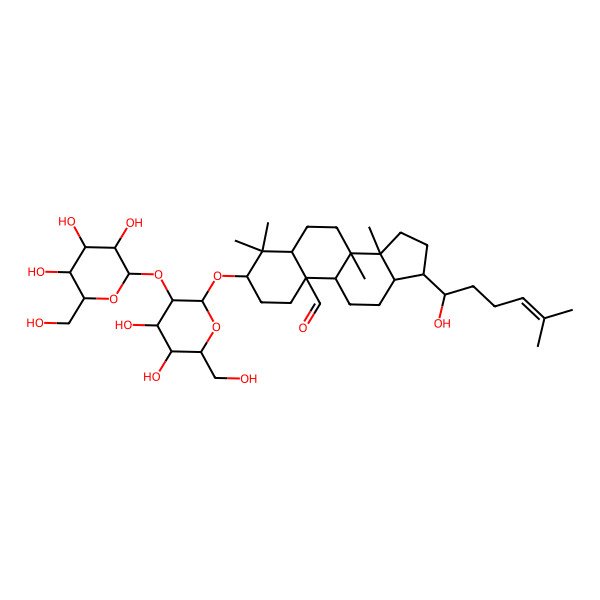 2D Structure of 3-[(2R,3R,4S,5S,6R)-4,5-dihydroxy-6-(hydroxymethyl)-3-[(2S,3R,4S,5S,6R)-3,4,5-trihydroxy-6-(hydroxymethyl)oxan-2-yl]oxyoxan-2-yl]oxy-17-(1-hydroxy-5-methylhex-4-enyl)-4,4,8,14-tetramethyl-2,3,5,6,7,9,11,12,13,15,16,17-dodecahydro-1H-cyclopenta[a]phenanthrene-10-carbaldehyde