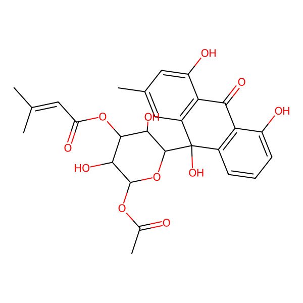 2D Structure of [(2R,3R,4R,5R,6S)-2-acetyloxy-3,5-dihydroxy-6-[(9R)-4,5,9-trihydroxy-2-methyl-10-oxoanthracen-9-yl]oxan-4-yl] 3-methylbut-2-enoate