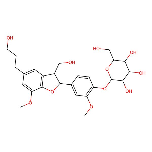 2D Structure of (2R)-2beta-[3-Methoxy-4-(beta-D-glucopyranosyloxy)phenyl]-5-(3-hydroxypropyl)-7-methoxy-2,3-dihydrobenzofuran-3alpha-methanol