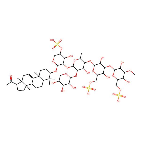 2D Structure of [(3R,4R,5R,6S)-6-[[(3S,5R,8S,10S,13R,14S,17S)-17-acetyl-4,4,10,13,14-pentamethyl-2,3,5,6,7,8,12,15,16,17-decahydro-1H-cyclopenta[a]phenanthren-3-yl]oxy]-5-[(2S,3R,4S,5S,6R)-5-[(2S,3R,4S,5R,6R)-4-[(2S,3R,4S,5R,6R)-3,5-dihydroxy-4-methoxy-6-(sulfooxymethyl)oxan-2-yl]oxy-3,5-dihydroxy-6-(sulfooxymethyl)oxan-2-yl]oxy-4-hydroxy-6-methyl-3-[(2S,3R,4S,5R)-3,4,5-trihydroxyoxan-2-yl]oxyoxan-2-yl]oxy-4-hydroxyoxan-3-yl] hydrogen sulfate