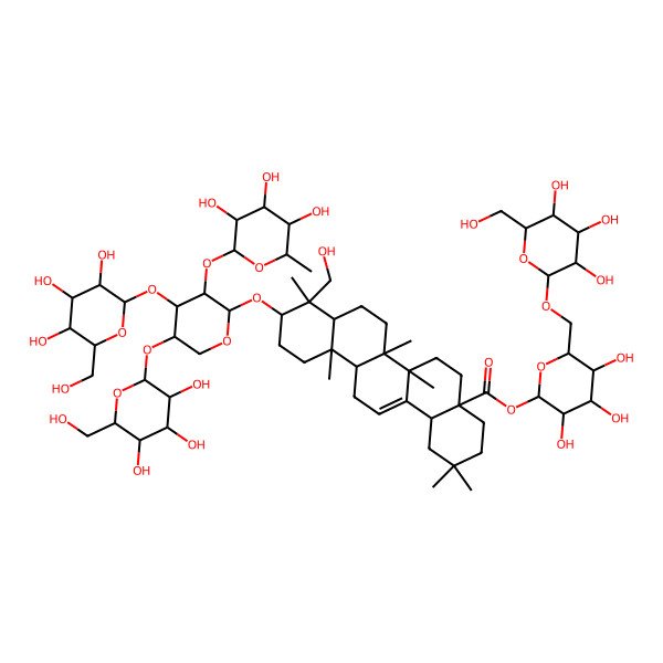 2D Structure of [3,4,5-Trihydroxy-6-[[3,4,5-trihydroxy-6-(hydroxymethyl)oxan-2-yl]oxymethyl]oxan-2-yl] 10-[4,5-bis[[3,4,5-trihydroxy-6-(hydroxymethyl)oxan-2-yl]oxy]-3-(3,4,5-trihydroxy-6-methyloxan-2-yl)oxyoxan-2-yl]oxy-9-(hydroxymethyl)-2,2,6a,6b,9,12a-hexamethyl-1,3,4,5,6,6a,7,8,8a,10,11,12,13,14b-tetradecahydropicene-4a-carboxylate