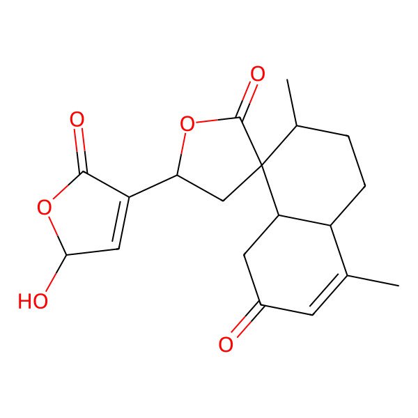 2D Structure of (4aR,5'R,7R,8R,8aS)-5'-[(2R)-2-hydroxy-5-oxo-2H-furan-4-yl]-4,7-dimethylspiro[1,4a,5,6,7,8a-hexahydronaphthalene-8,3'-oxolane]-2,2'-dione