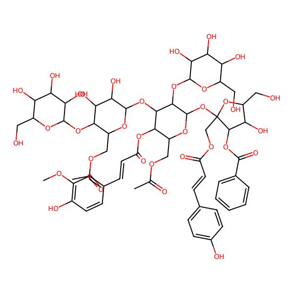 2D Structure of [(2S,3S,4R,5R)-2-[(2R,3R,4S,5R,6R)-6-(acetyloxymethyl)-4-[(2S,3R,4R,5S,6R)-6-(acetyloxymethyl)-3,4-dihydroxy-5-[(2S,3R,4S,5S,6R)-3,4,5-trihydroxy-6-(hydroxymethyl)oxan-2-yl]oxyoxan-2-yl]oxy-5-[(E)-3-(4-hydroxy-3-methoxyphenyl)prop-2-enoyl]oxy-3-[(2S,3R,4S,5S,6R)-3,4,5-trihydroxy-6-(hydroxymethyl)oxan-2-yl]oxyoxan-2-yl]oxy-4-hydroxy-5-(hydroxymethyl)-2-[[(E)-3-(4-hydroxyphenyl)prop-2-enoyl]oxymethyl]oxolan-3-yl] benzoate