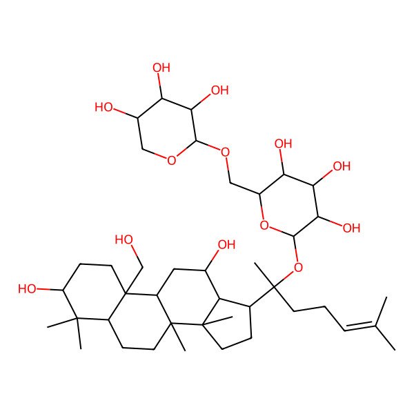 2D Structure of (2S,3R,4S,5S,6R)-2-[2-[3,12-dihydroxy-10-(hydroxymethyl)-4,4,8,14-tetramethyl-2,3,5,6,7,9,11,12,13,15,16,17-dodecahydro-1H-cyclopenta[a]phenanthren-17-yl]-6-methylhept-5-en-2-yl]oxy-6-[[(2R,3R,4S,5R)-3,4,5-trihydroxyoxan-2-yl]oxymethyl]oxane-3,4,5-triol