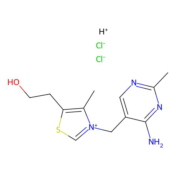 2D Structure of 2-[3-[(4-Amino-2-methylpyrimidin-5-yl)methyl]-4-methyl-1,3-thiazol-3-ium-5-yl]ethanol;hydron;dichloride