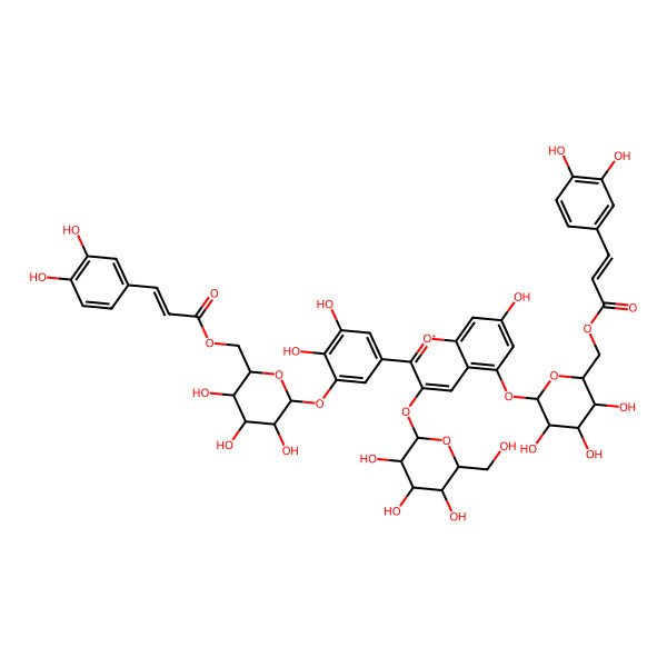 2D Structure of [(3S,4S,6S)-6-[5-[5-[(2S,4S,5S)-6-[3-(3,4-dihydroxyphenyl)prop-2-enoyloxymethyl]-3,4,5-trihydroxyoxan-2-yl]oxy-7-hydroxy-3-[(2S,5S)-3,4,5-trihydroxy-6-(hydroxymethyl)oxan-2-yl]oxychromenylium-2-yl]-2,3-dihydroxyphenoxy]-3,4,5-trihydroxyoxan-2-yl]methyl 3-(3,4-dihydroxyphenyl)prop-2-enoate