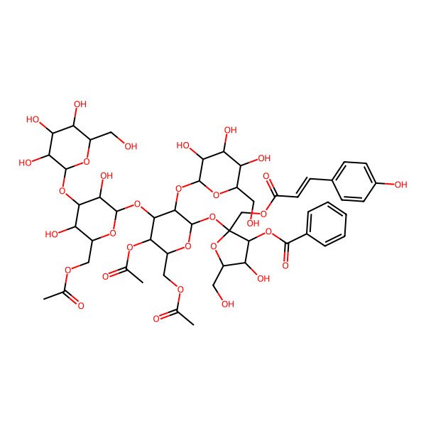 2D Structure of [(2S,3S,4R,5R)-2-[(2R,3R,4S,5R,6R)-5-acetyloxy-6-(acetyloxymethyl)-4-[(2R,3R,4S,5R,6R)-6-(acetyloxymethyl)-3,5-dihydroxy-4-[(2R,3R,4S,5S,6R)-3,4,5-trihydroxy-6-(hydroxymethyl)oxan-2-yl]oxyoxan-2-yl]oxy-3-[(2S,3R,4S,5S,6R)-3,4,5-trihydroxy-6-(hydroxymethyl)oxan-2-yl]oxyoxan-2-yl]oxy-4-hydroxy-5-(hydroxymethyl)-2-[[(E)-3-(4-hydroxyphenyl)prop-2-enoyl]oxymethyl]oxolan-3-yl] benzoate