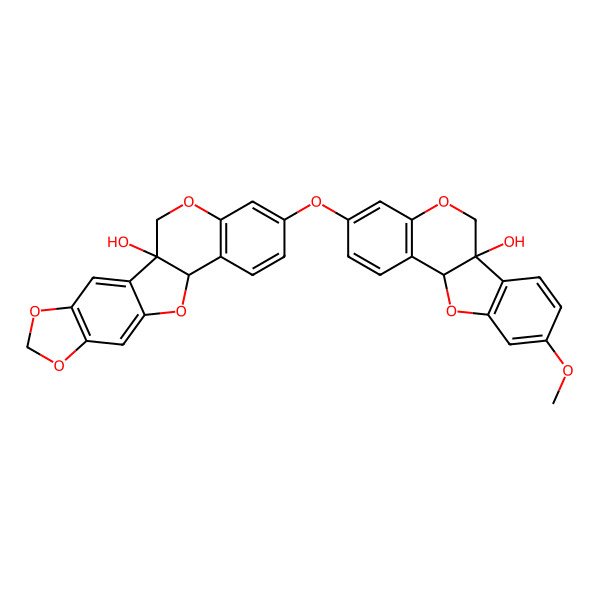 2D Structure of (1S,12S)-16-[[(6aS,11aS)-6a-hydroxy-9-methoxy-6,11a-dihydro-[1]benzofuro[3,2-c]chromen-3-yl]oxy]-5,7,11,19-tetraoxapentacyclo[10.8.0.02,10.04,8.013,18]icosa-2,4(8),9,13(18),14,16-hexaen-1-ol