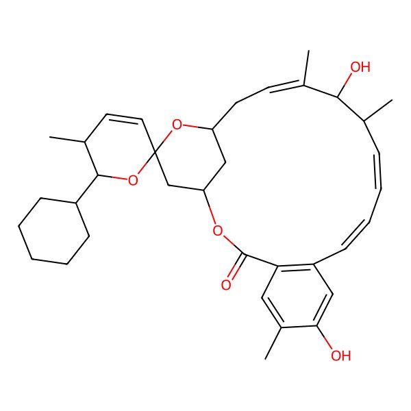 2D Structure of (1S,2'R,3'S,10E,12E,14S,15S,16E,19R,21S)-2'-cyclohexyl-7,15-dihydroxy-3',6,14,16-tetramethylspiro[2,20-dioxatricyclo[17.3.1.04,9]tricosa-4(9),5,7,10,12,16-hexaene-21,6'-2,3-dihydropyran]-3-one