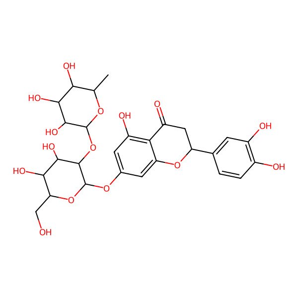 2D Structure of 7-[(3S,4R,6S)-4,5-dihydroxy-6-(hydroxymethyl)-3-[(2S,3R,4R,5R,6S)-3,4,5-trihydroxy-6-methyloxan-2-yl]oxyoxan-2-yl]oxy-2-(3,4-dihydroxyphenyl)-5-hydroxy-2,3-dihydrochromen-4-one