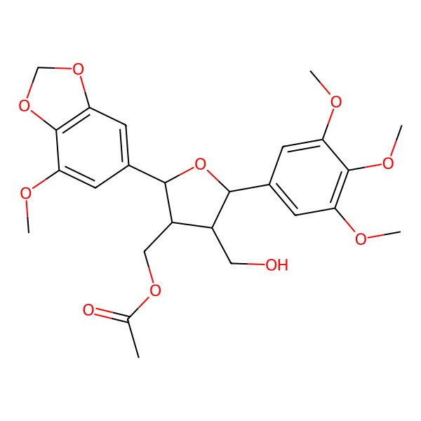 2D Structure of Acetic acid [(2S)-2alpha-(4-methoxy-1,3-benzodioxole-6-yl)-4alpha-(hydroxymethyl)-5alpha-(3,4,5-trimethoxyphenyl)tetrahydrofuran]-3beta-ylmethyl ester