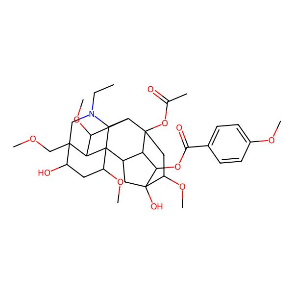 2D Structure of [(1S,4R,5S,6S,8R,13R,14R,16S,18R)-8-acetyloxy-11-ethyl-5,14-dihydroxy-6,16,18-trimethoxy-13-(methoxymethyl)-11-azahexacyclo[7.7.2.12,5.01,10.03,8.013,17]nonadecan-4-yl] 4-methoxybenzoate