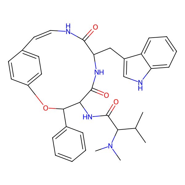 2D Structure of 2-(dimethylamino)-N-[(10Z)-7-(1H-indol-3-ylmethyl)-5,8-dioxo-3-phenyl-2-oxa-6,9-diazabicyclo[10.2.2]hexadeca-1(14),10,12,15-tetraen-4-yl]-3-methylbutanamide