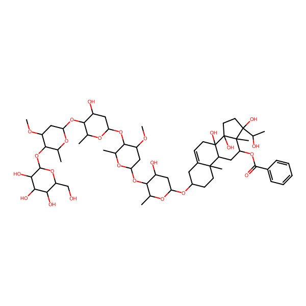 2D Structure of [(3S,8S,9R,10R,12R,13R,14R,17S)-8,14,17-trihydroxy-17-[(1R)-1-hydroxyethyl]-3-[(2R,4S,5S,6R)-4-hydroxy-5-[(2S,4R,5R,6R)-5-[(2S,4R,5S,6R)-4-hydroxy-5-[(2S,4R,5R,6R)-4-methoxy-6-methyl-5-[(2S,3R,4S,5S,6R)-3,4,5-trihydroxy-6-(hydroxymethyl)oxan-2-yl]oxyoxan-2-yl]oxy-6-methyloxan-2-yl]oxy-4-methoxy-6-methyloxan-2-yl]oxy-6-methyloxan-2-yl]oxy-10,13-dimethyl-1,2,3,4,7,9,11,12,15,16-decahydrocyclopenta[a]phenanthren-12-yl] benzoate