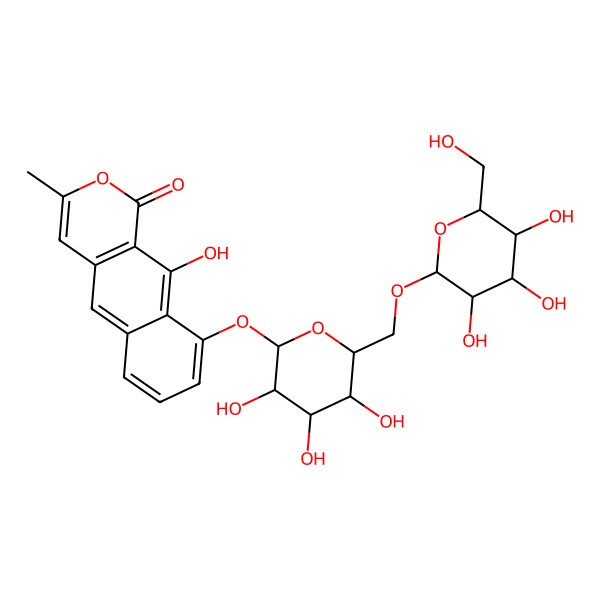 2D Structure of 10-hydroxy-3-methyl-9-[(2S,3R,4S,5S,6R)-3,4,5-trihydroxy-6-[[(2R,3R,4S,5S,6R)-3,4,5-trihydroxy-6-(hydroxymethyl)oxan-2-yl]oxymethyl]oxan-2-yl]oxybenzo[g]isochromen-1-one