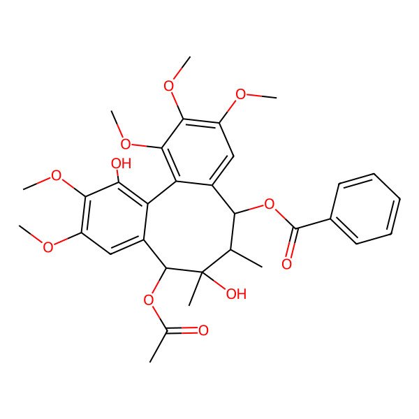 2D Structure of [(8R,9R,10R,11S)-11-acetyloxy-10,16-dihydroxy-3,4,5,14,15-pentamethoxy-9,10-dimethyl-8-tricyclo[10.4.0.02,7]hexadeca-1(16),2,4,6,12,14-hexaenyl] benzoate
