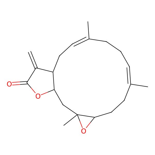 2D Structure of (1aS,4E,8E,10aR,13aR,14aS)-4,8,14a-trimethyl-11-methylene-1a,3,6,7,10,10a,11,13a,14,14a-decahydrooxireno(12,13)cyclotetradeca(1,2-b)furan-12(2H)-one 2D Structure of (1aS,4E,8E,10aR,13aR,14aS)-4,8,14a-trimethyl-11-methylene-1a,3,6,7,10,10a,11,13a,14,14a-decahydrooxireno(12,13)cyclotetradeca(1,2-b)furan-12(2H)-one