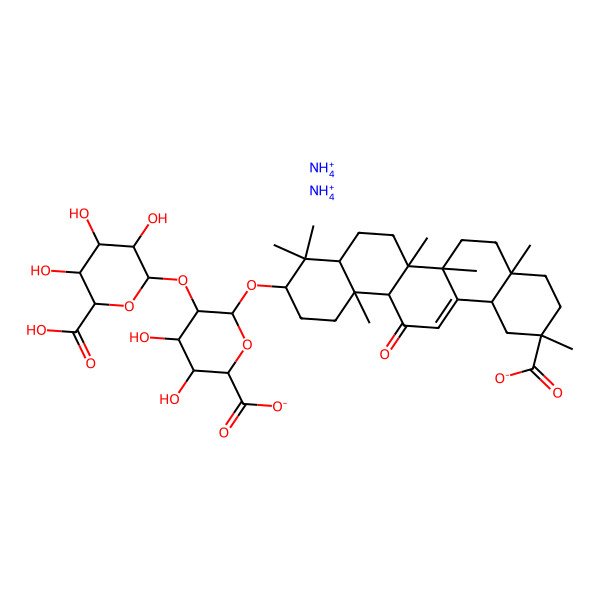 2D Structure of diazanium;(2S,3S,4S,5R,6S)-6-[[(3S,4aR,6aR,6bS,8aS,11S,12aR,14aR,14bS)-11-carboxylato-4,4,6a,6b,8a,11,14b-heptamethyl-14-oxo-2,3,4a,5,6,7,8,9,10,12,12a,14a-dodecahydro-1H-picen-3-yl]oxy]-5-[(2R,3R,4S,5S,6S)-6-carboxy-3,4,5-trihydroxyoxan-2-yl]oxy-3,4-dihydroxyoxane-2-carboxylate