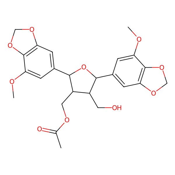 2D Structure of Acetic acid [(2S)-2alpha,5alpha-bis(4-methoxy-1,3-benzodioxole-6-yl)-4alpha-(hydroxymethyl)tetrahydrofuran]-3beta-ylmethyl ester