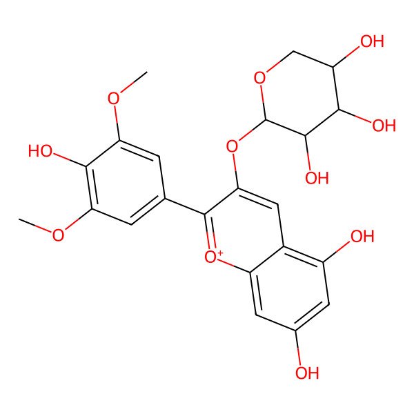 2D Structure of (2S,3R,4S,5R)-2-[5,7-dihydroxy-2-(4-hydroxy-3,5-dimethoxyphenyl)chromenylium-3-yl]oxyoxane-3,4,5-triol