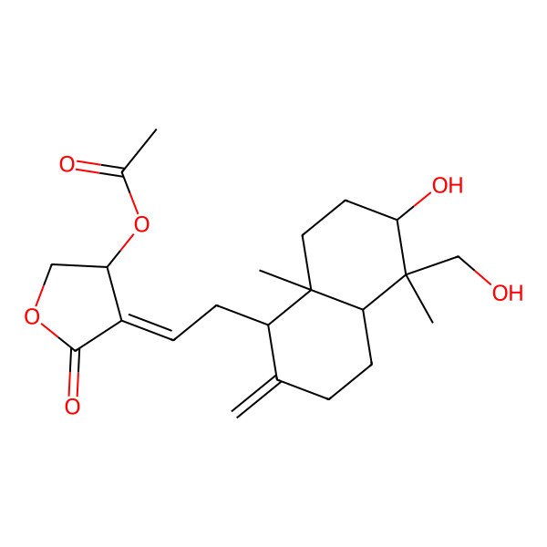2D Structure of 4-{2-[6-Hydroxy-5-(hydroxymethyl)-5,8a-dimethyl-2-methylidenedecahydronaphthalen-1-yl]ethylidene}-5-oxotetrahydrofuran-3-yl acetate
