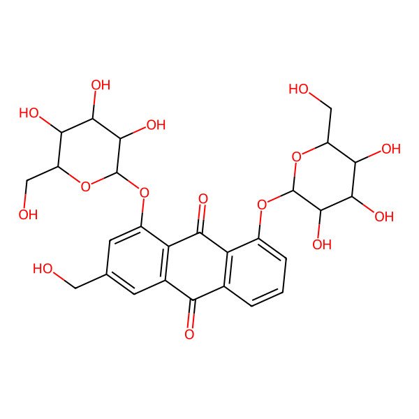 2D Structure of 3-(hydroxymethyl)-8-[(2S,3R,4S,5S,6R)-3,4,5-trihydroxy-6-(hydroxymethyl)oxan-2-yl]oxy-1-[(2S,3R,4S,5R,6R)-3,4,5-trihydroxy-6-(hydroxymethyl)oxan-2-yl]oxyanthracene-9,10-dione