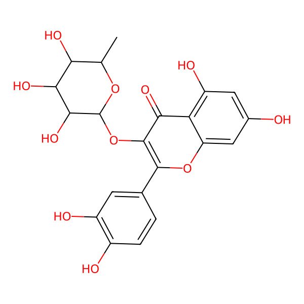 2D Structure of 2-(3,4-Dihydroxy-phenyl)-5,7-dihydroxy-3-(3,4,5-trihydroxy-6-methyl-tetrahydro-pyran-2-yloxy)-chromen-4-one